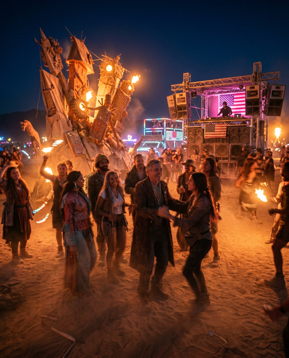 A diverse group of artists and performers gathered beside a large handmade desert installation