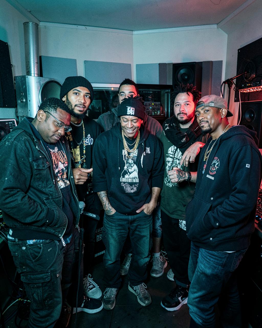 Independent rap and hip-hop creatives collaborating in a recording studio
