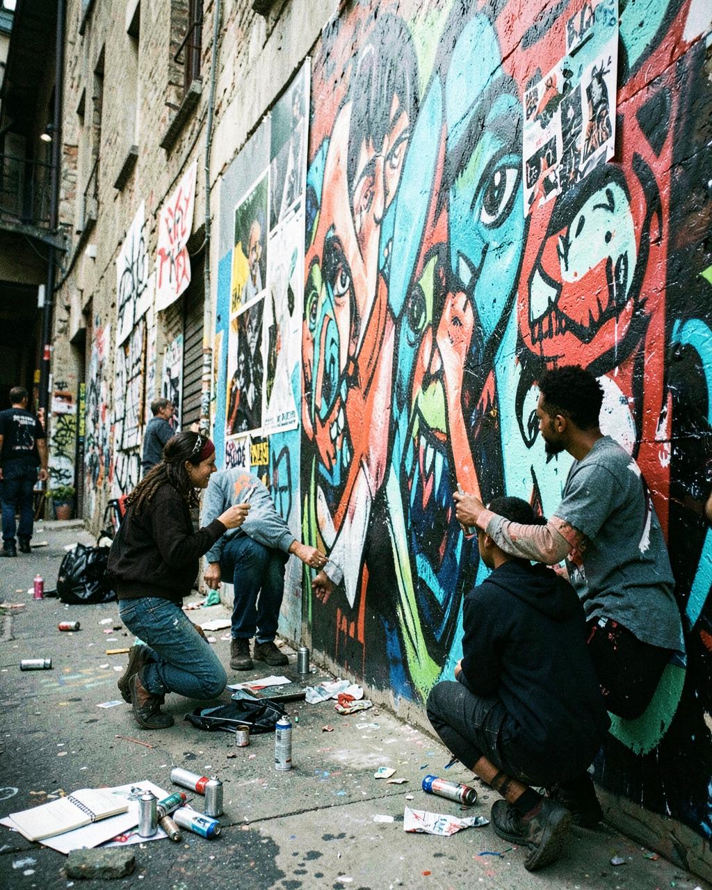 Street artists working together on a colorful mural in a city alley