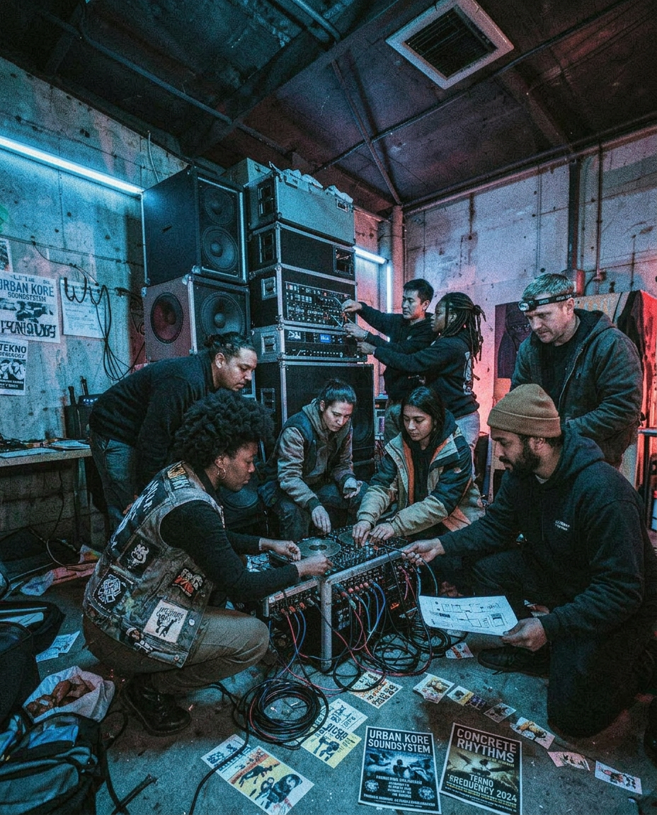 Underground music crew assembling a DIY sound system in an industrial space