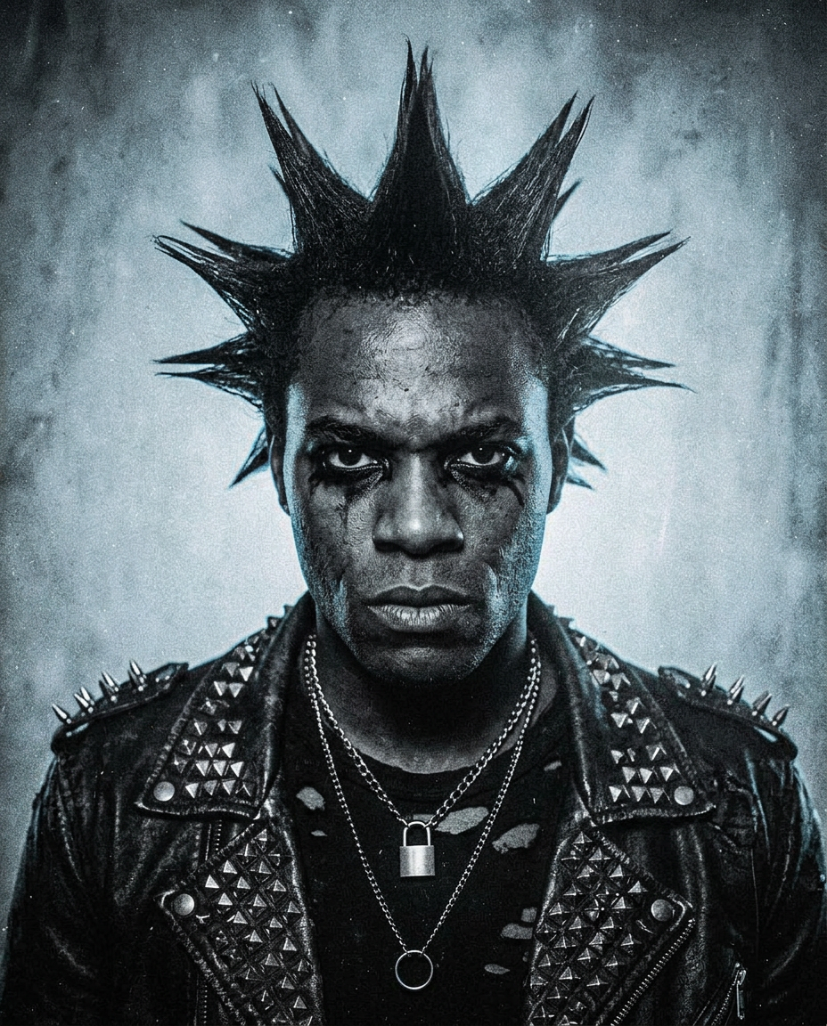 Black-and-white portrait of a punk musician with spiked hair and dark makeup